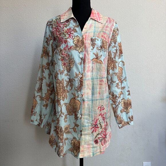 Soft Surroundings Tunic Small Button Down Mixed Print Collared Embroidered - Picture 1 of 10